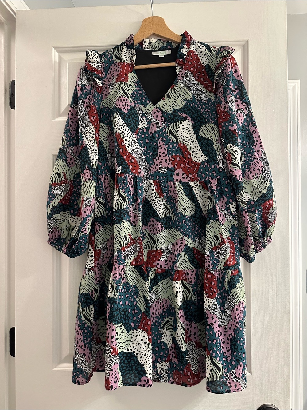 Jade V-Neck Tiered Floral & Abstract Print Dress in Teal, Pink & Red